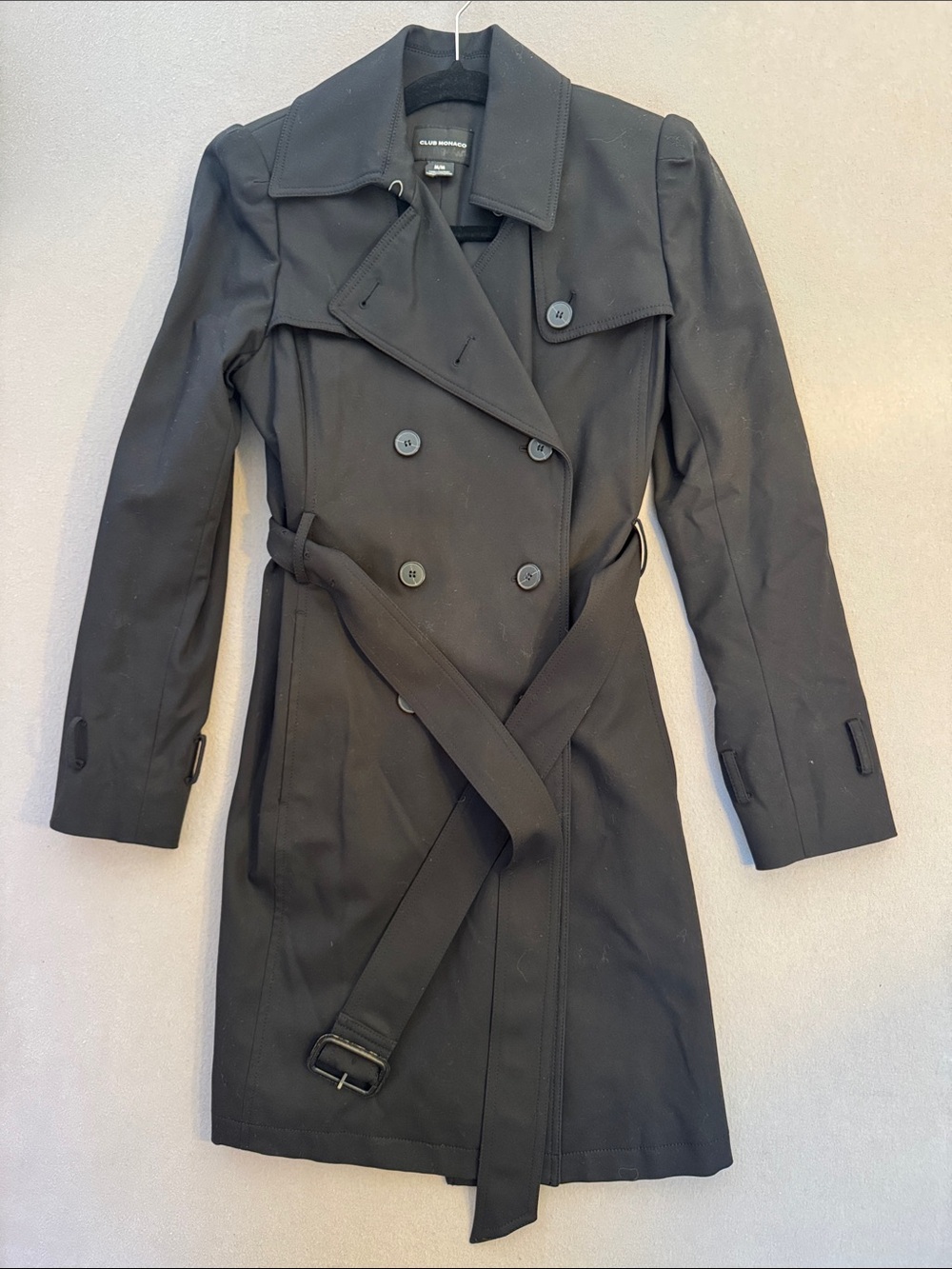 Club Monaco Women’s Black Double Breasted Trench Coat Belted Size M